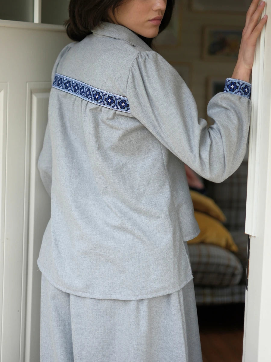 Etamin Nakışlı Pamuk Flanel Takım Gri