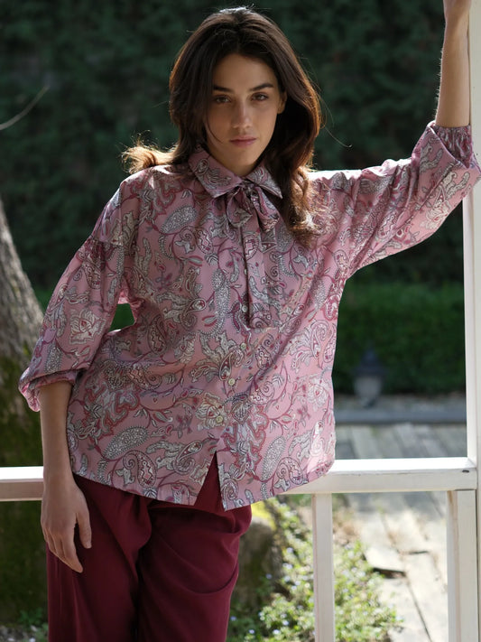 Şal Desen Saten Bluz Gül Kurusu