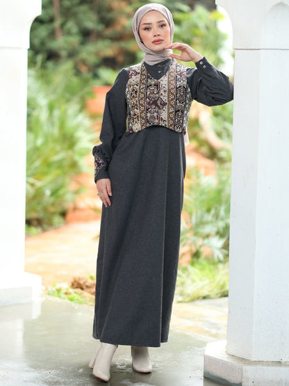Goblen Yelekli Elbise Takım Siyah