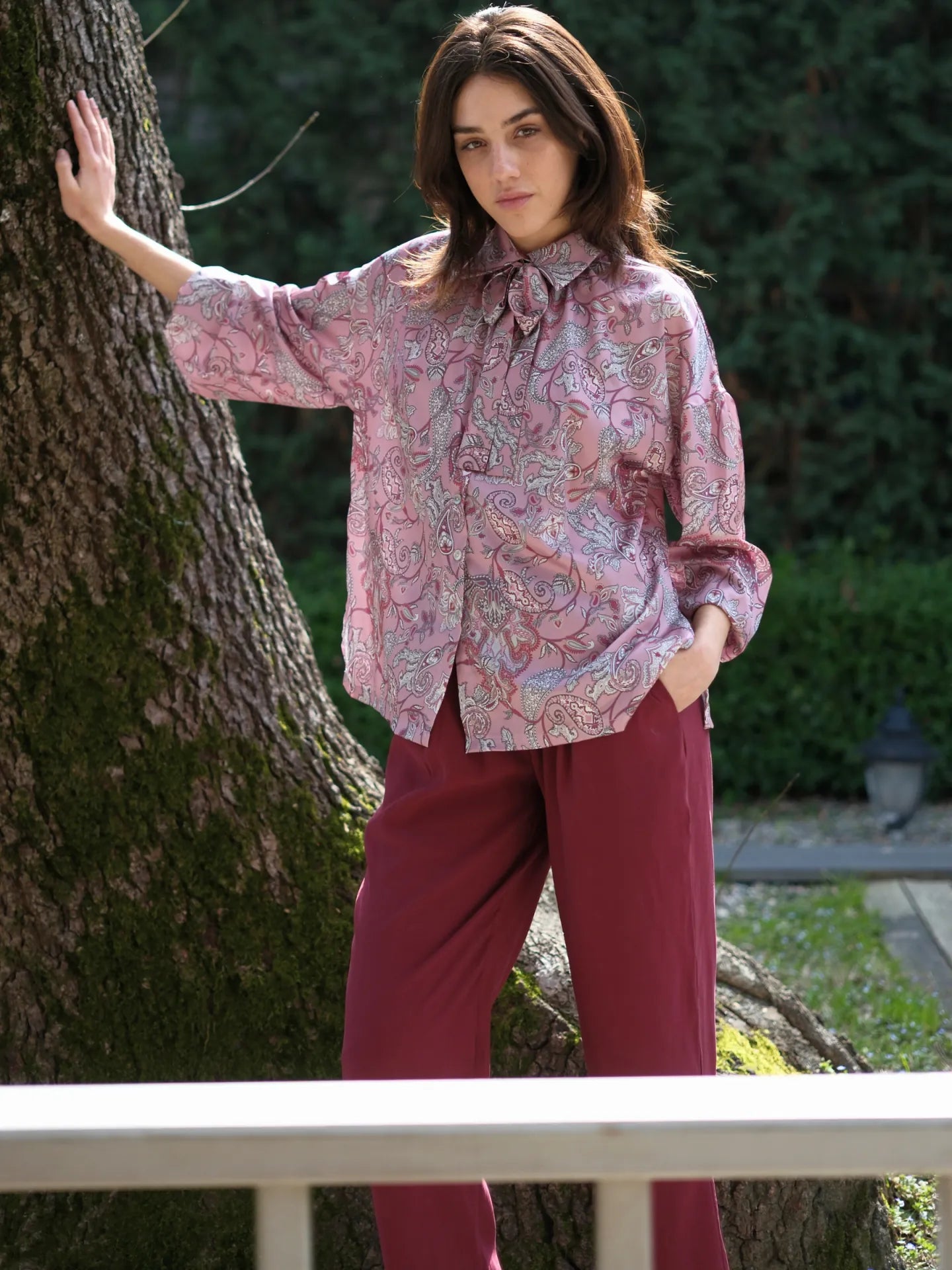 Şal Desen Saten Bluz Gül Kurusu