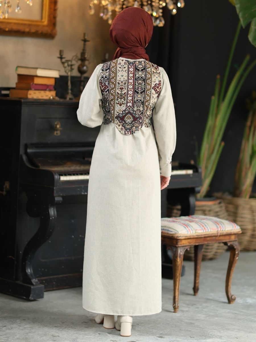 Goblen Yelekli Elbise Takım Taş