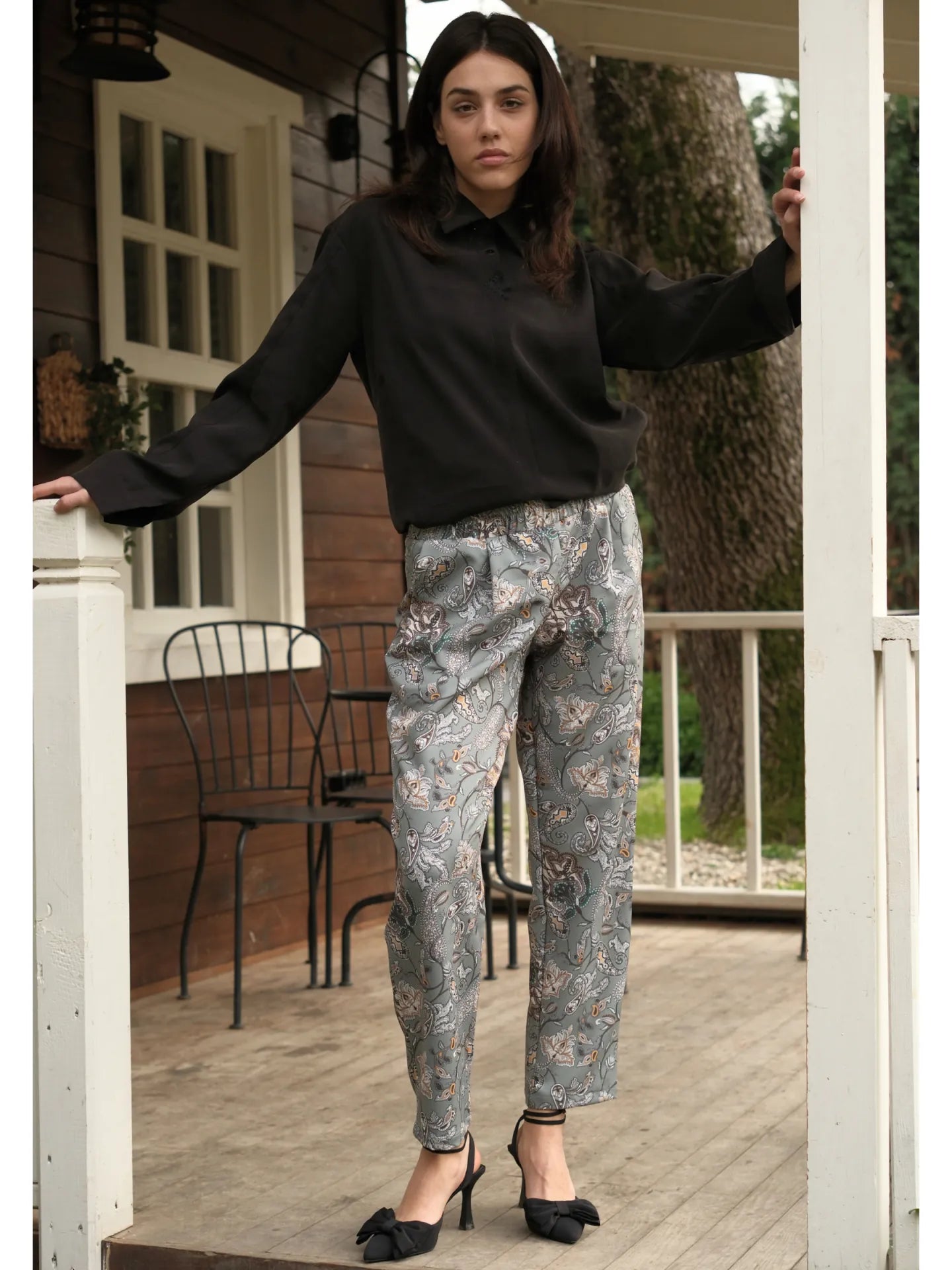 Şal Desenli Beli Lastikli Cepli Pantolon Yeşil