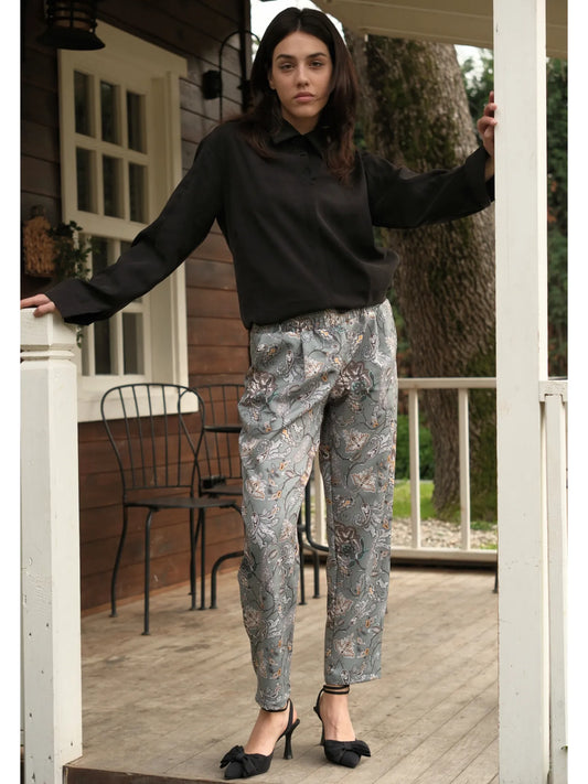 Şal Desenli Beli Lastikli Cepli Pantolon Yeşil