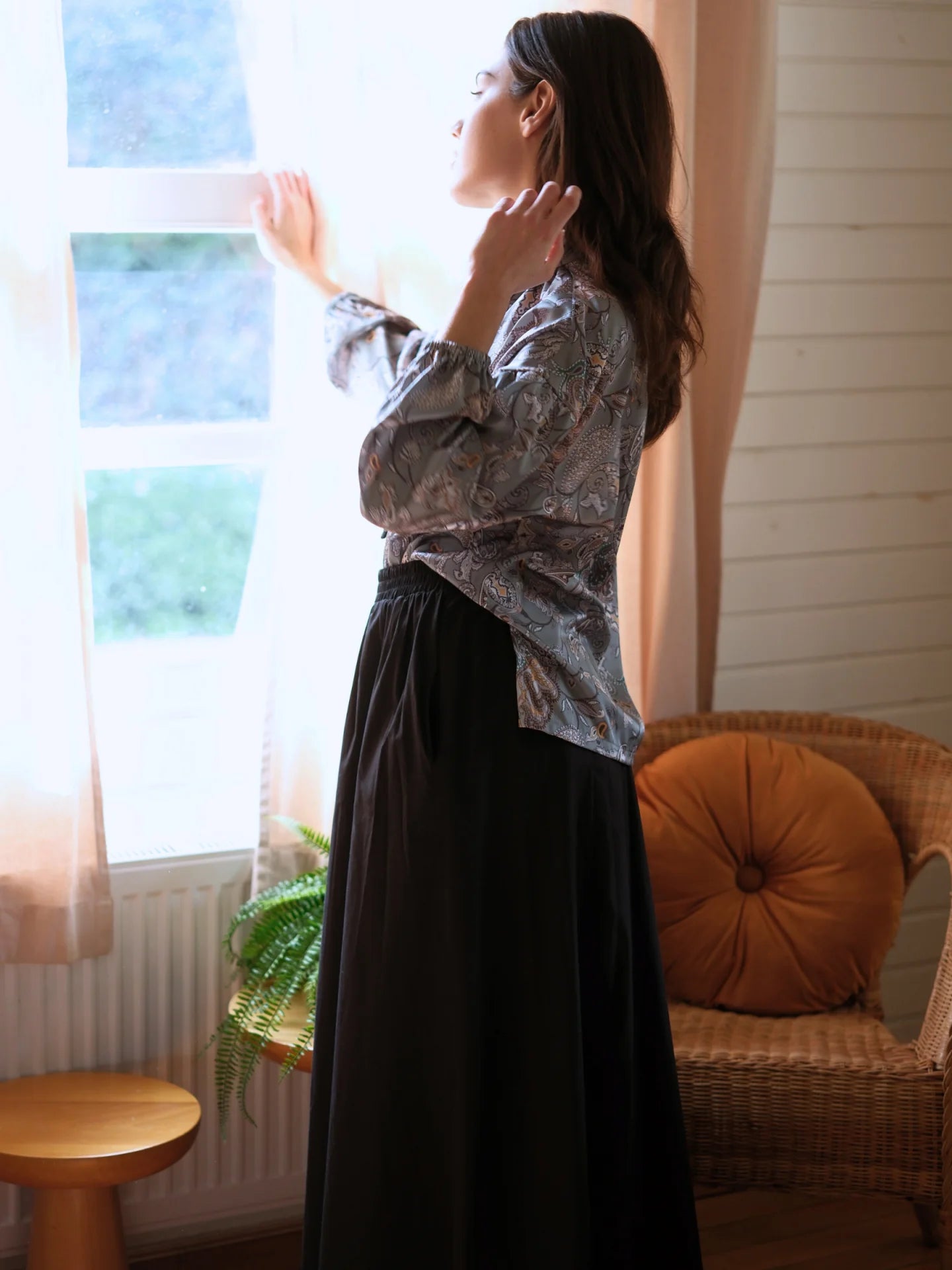 Şal Desen Saten Bluz Yeşil