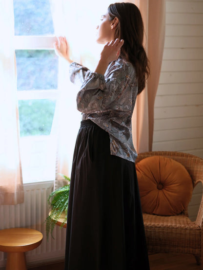 Şal Desen Saten Bluz Yeşil