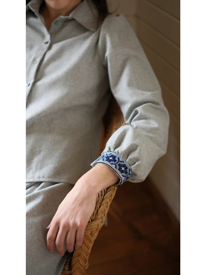 Etamin Nakışlı Pamuk Flanel Takım Gri