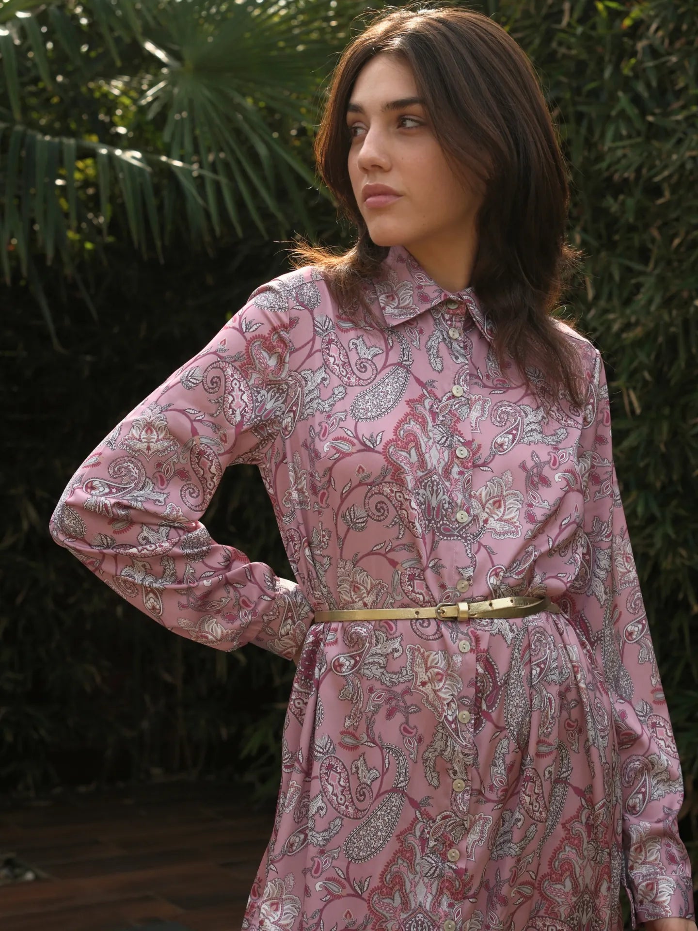 Şal Desen Önü Düğmeli Saten Uzun Boy Elbise Gül Kurusu