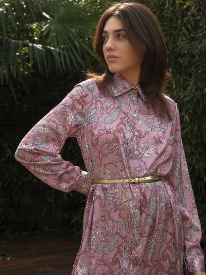 Şal Desen Önü Düğmeli Saten Uzun Boy Elbise Gül Kurusu