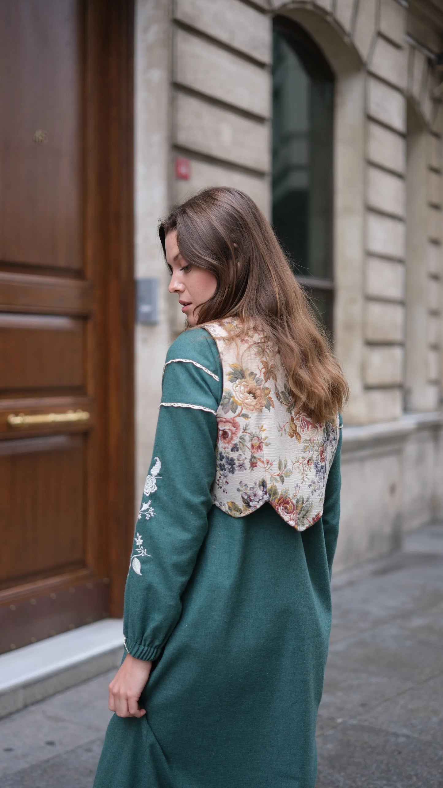 Lavinya Elbise + Goblen Yelekli Takım Petrol