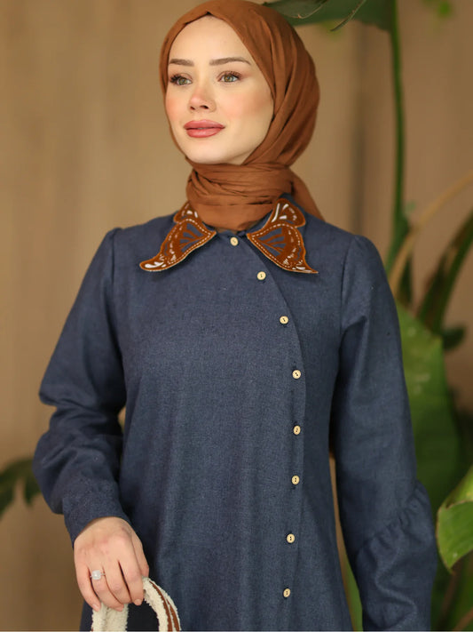 Kelebek Yaka Elbise Lacivert