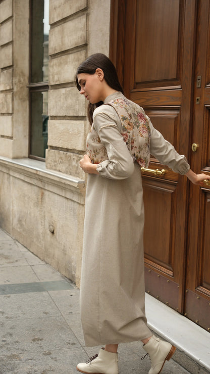 Lavinya Elbise + Goblen Yelekli Takım Bej