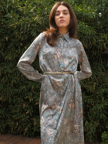 Şal Desen Önü Düğmeli Saten Uzun Boy Elbise Yeşil