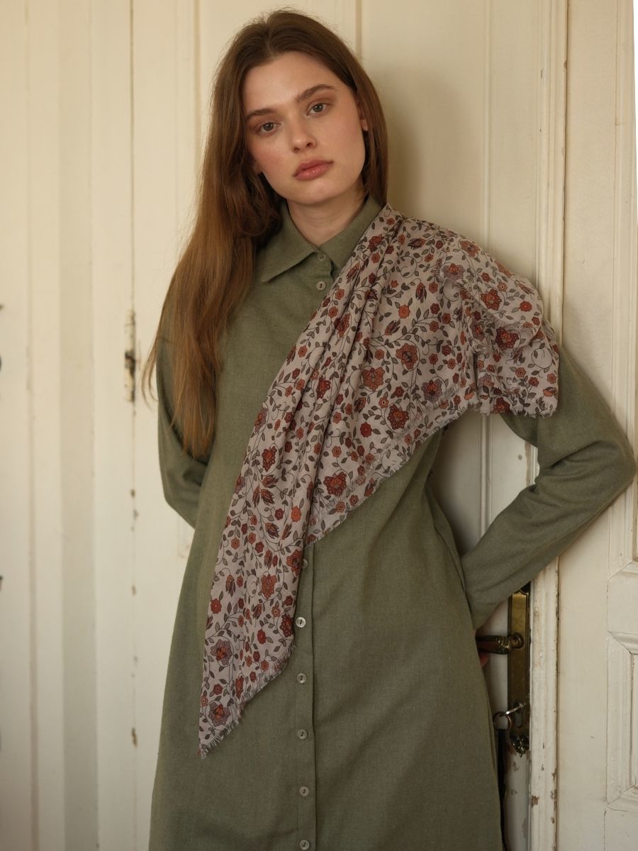 Basic Flanel Tunik Haki + Pamuklu Desenli Eşarp