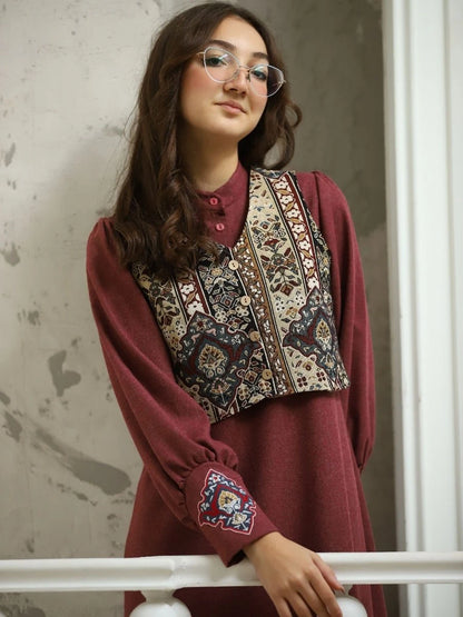 Goblen Yelekli Takım Bordo