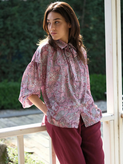 Şal Desen Saten Bluz Gül Kurusu