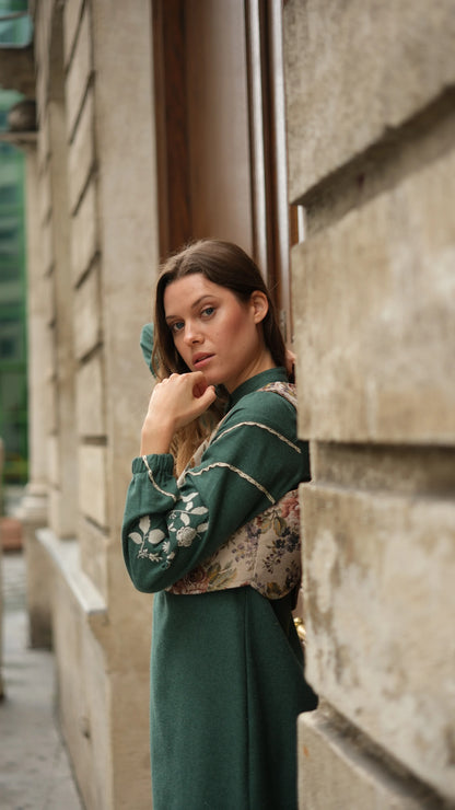 Lavinya Elbise + Goblen Yelekli Takım Petrol