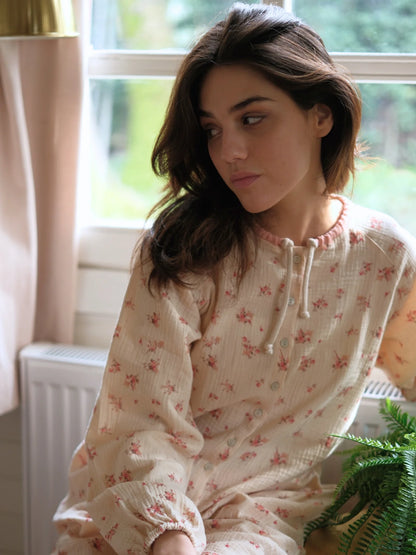 Çiçek Desenli Pamuklu Müslin Tunik Pembe