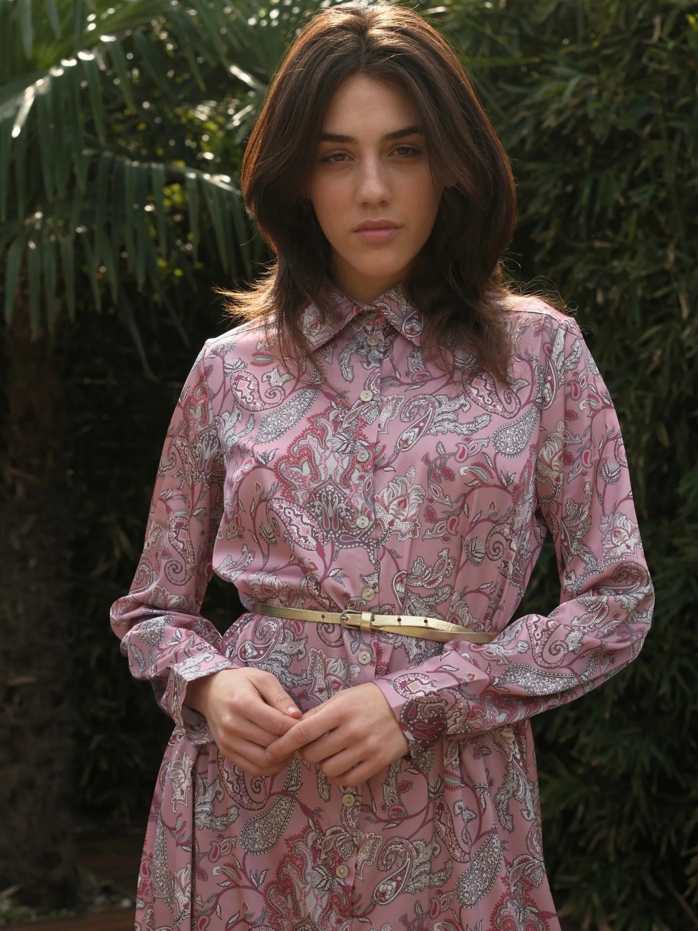 Şal Desen Önü Düğmeli Saten Uzun Boy Elbise Gül Kurusu