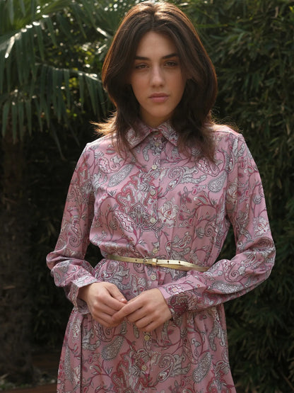 Şal Desen Önü Düğmeli Saten Uzun Boy Elbise Gül Kurusu