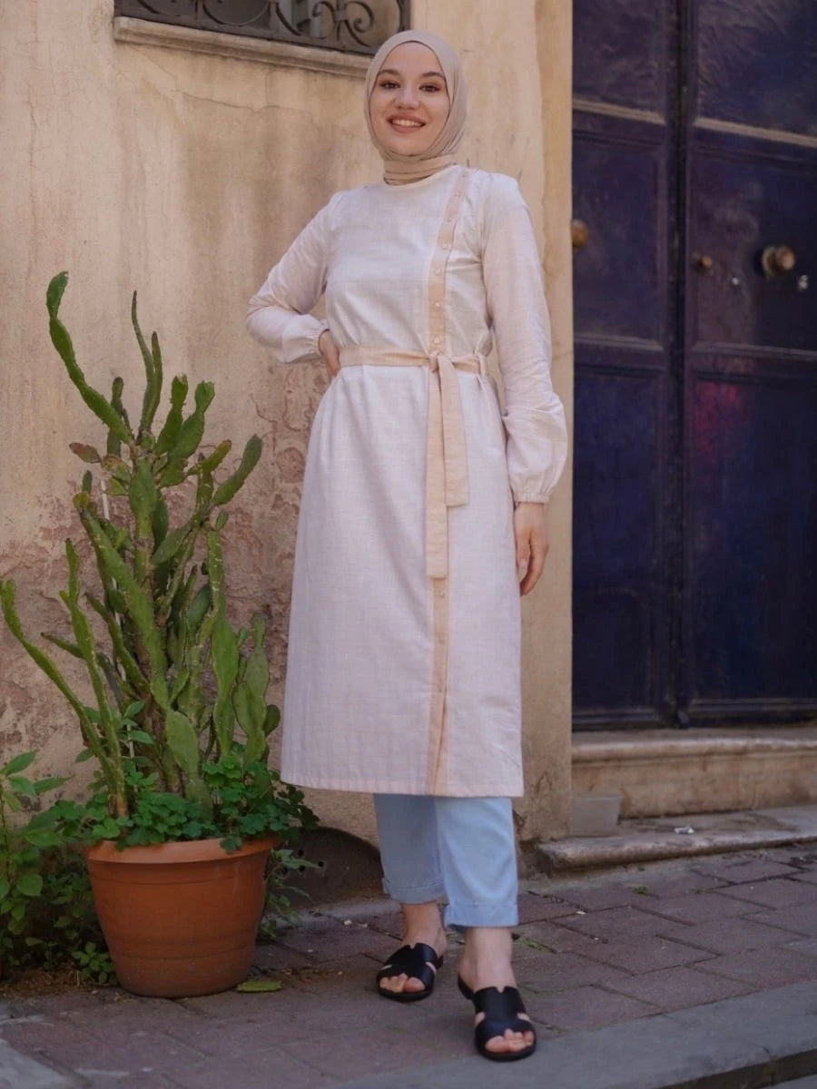 Kemerli Pamuk Tunik Krem