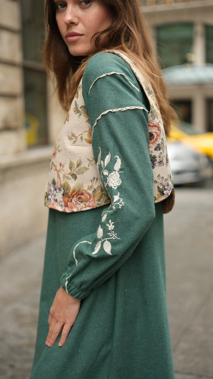 Lavinya Elbise + Goblen Yelekli Takım Petrol