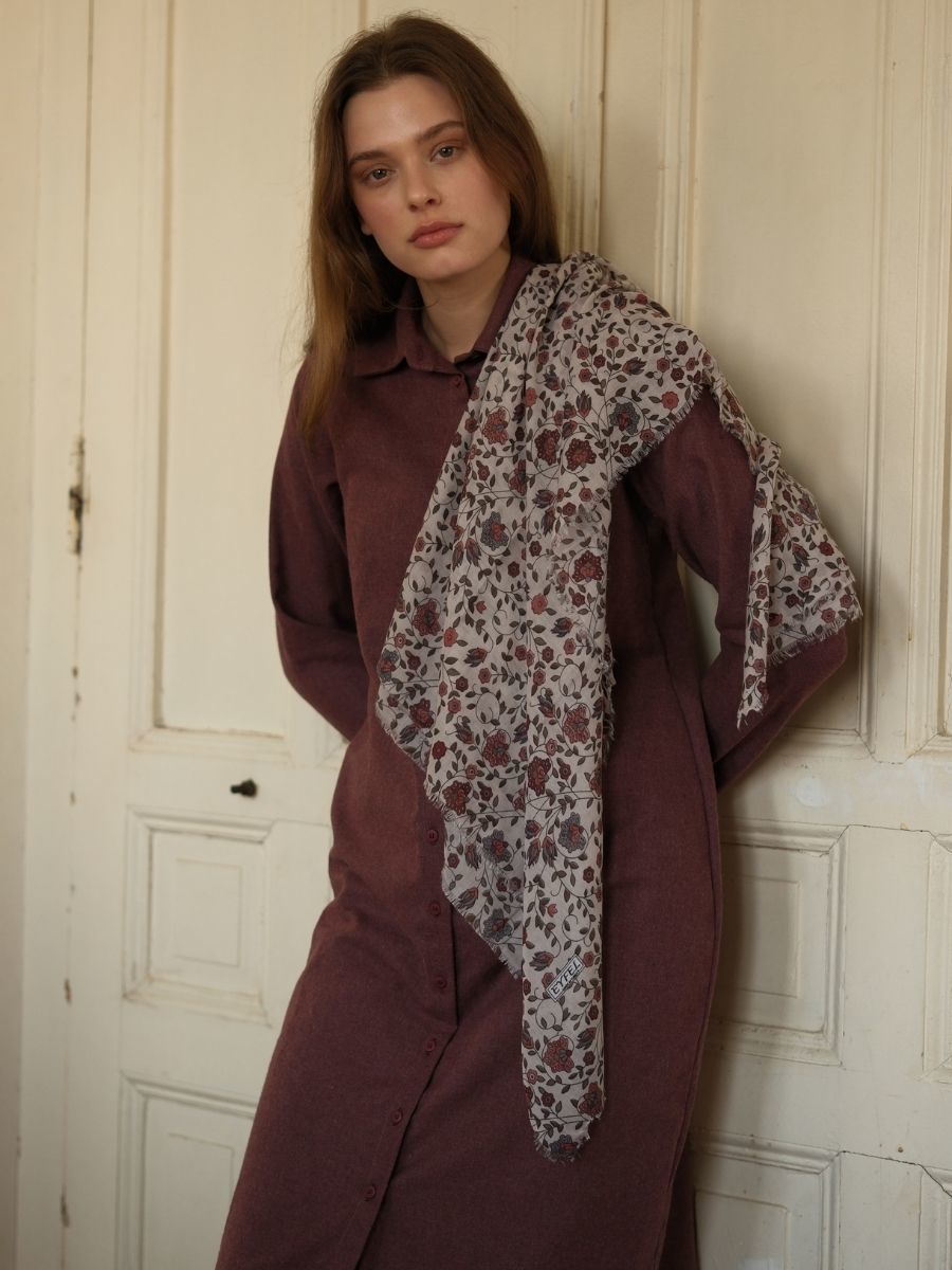 Basic Flanel Tunik Bordo + Pamuklu Desenli Eşarp