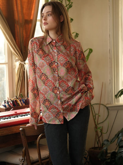 Retro Desen Saten Gömlek