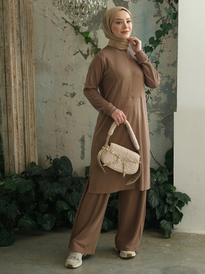 Yakası Fermuarlı Viskon Triko Tunik Vizon