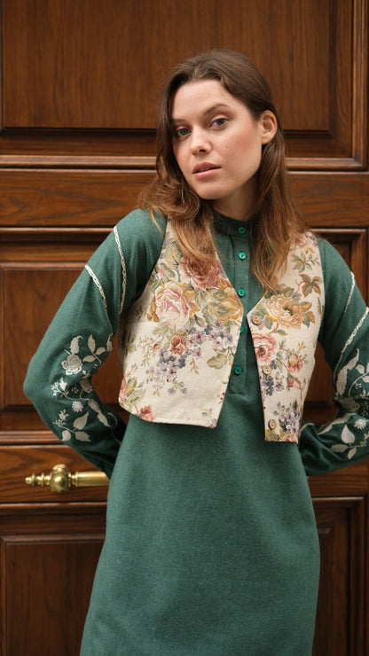 Lavinya Elbise + Goblen Yelekli Takım Petrol