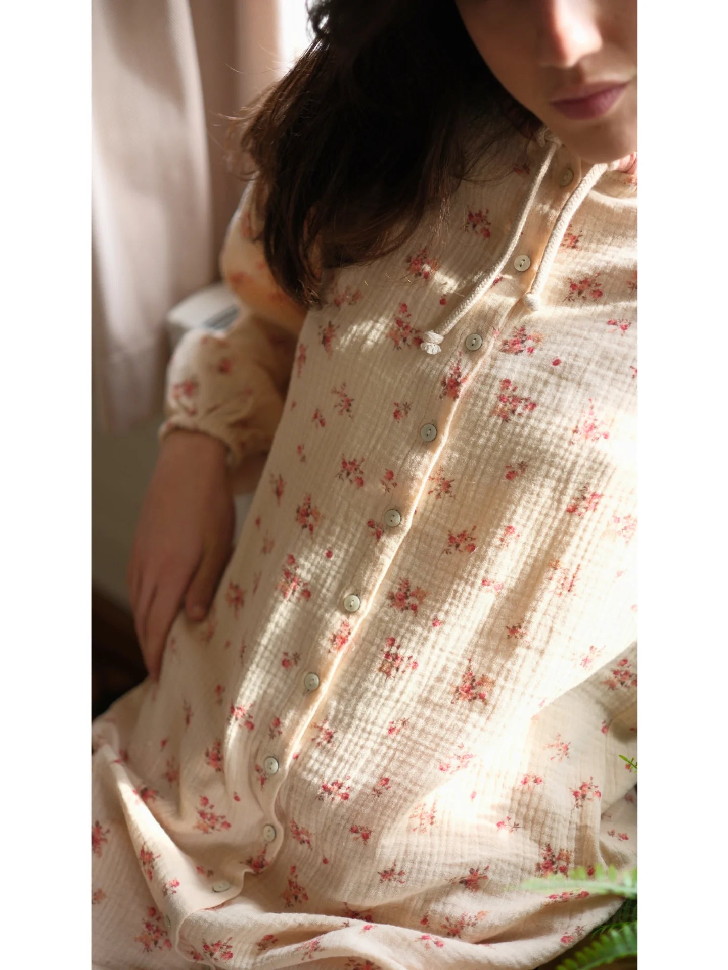 Çiçek Desenli Pamuklu Müslin Tunik Pembe